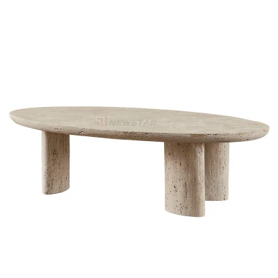 Table à thé ovale décorative d'extérieur en pierre naturelle, sculpture de racines, Italie, grande table basse ronde moderne de luxe en travertin
