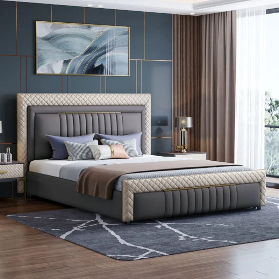 Usine de luxe en gros reine meubles chambre Double cuir lits en bois Table de chevet lit pas cher